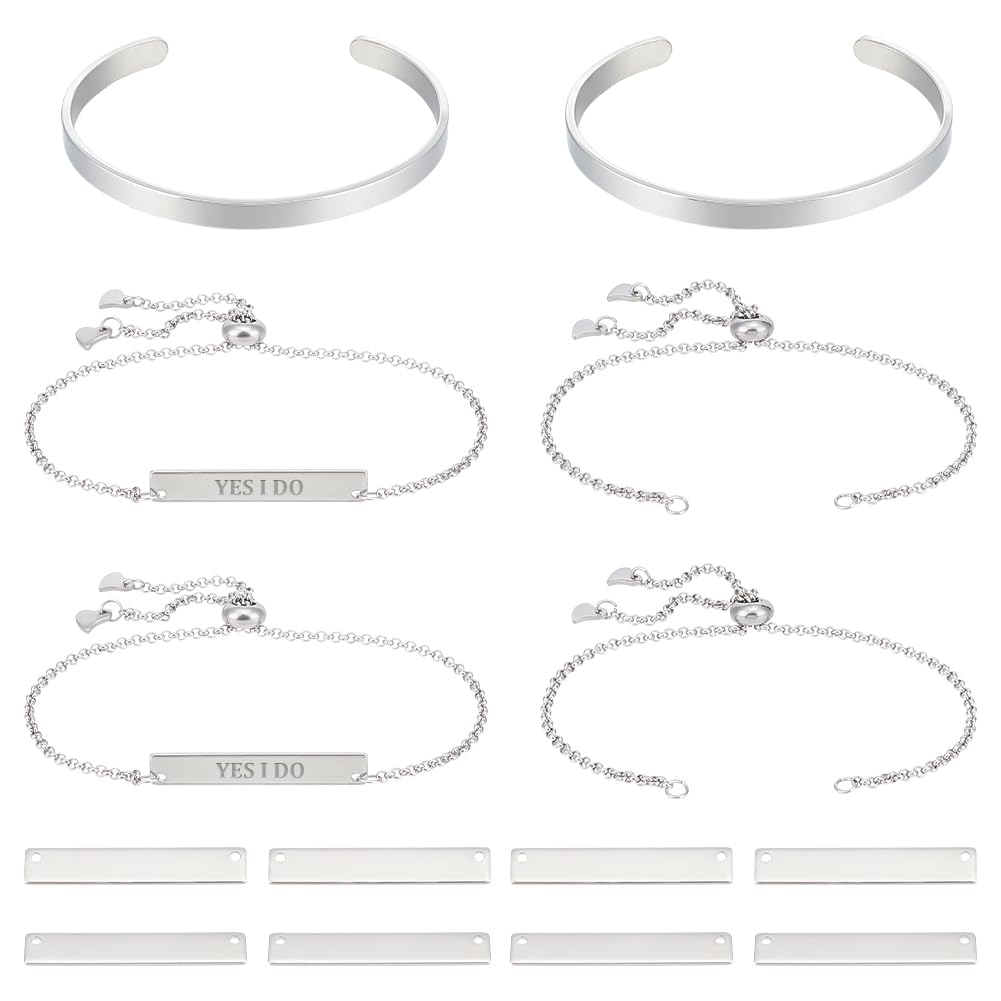 UNICRAFTALE 304 Stainless Steel DIY Blank Rectangle Link Slider Bracelet Making Kit 25cm Long Titanium Steel Cuff Bangle Engraveable Blank Tags Links Connectors Charm with Bracelets Chain