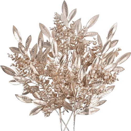 Photo 1 of 5 Pcs Fake Leaves Plants for Christmas Decor 20 Inch Metallic Gold Artificial Eucalyptus Bushes Bay Leaves and Berries Stem for Holiday Party Decor Christmas Mantle Garland Wreath - Champagne