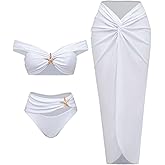 SOLY HUX 3 Piece Swimsuits for Women Sexy Summer Gold Off-Shoulder Bikini Sets Cover Up Skirt Bathing Suit