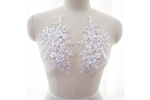 JINMOMOMO 2Pcs Embroidered Beads 3D Flower Applique Lace Fabric Collar Patches Sew Patch Wedding Bridal Gown Clothes Dress Decor DIY Crafts (White)