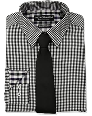 Men's Mini Gingham Check Dress Shirt with Solid Tie Set