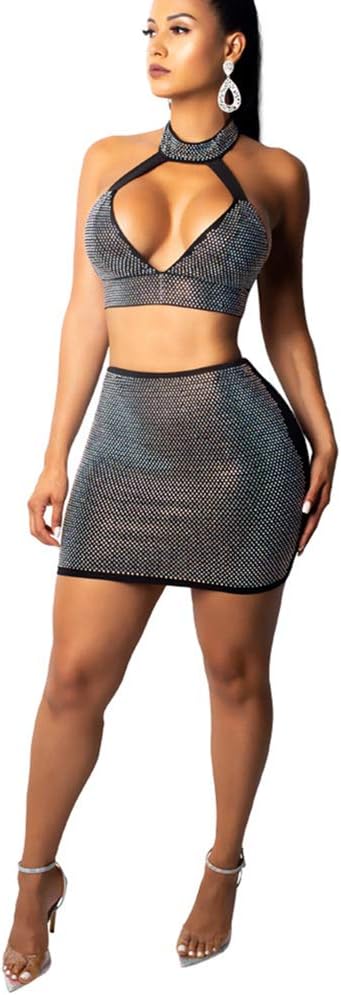 Rhinestone Two Piece Skirt Outfits for Women Bodycon Halter Neck Sleeveless Crop Top and Skirt Set Clubwear Black L