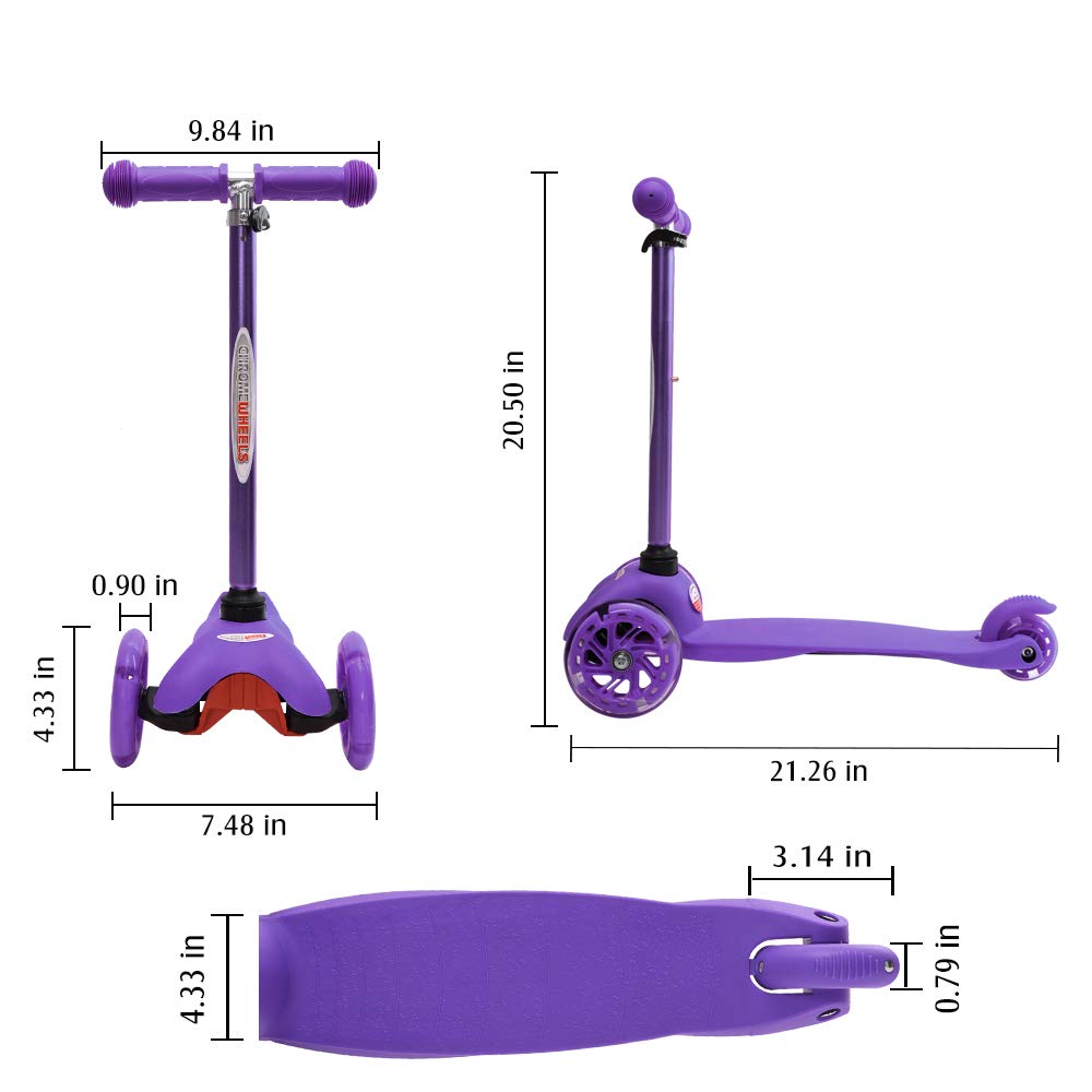 ChromeWheels Mini Scooter for Toddlers, Deluxe 3-Wheeled Scooters for Kids, 4 Adjustable Height Glider with Kick Scooters, Lean-to-Steer with LED Light-Up Wheels for Ages 3-6 Girls Boys