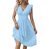 chouyatou Women's 2024 Eyelet Lace Embroidery Smocked Waist Party Dress Sexy Flutter Sleeve A Line Midi Long Sun Dress