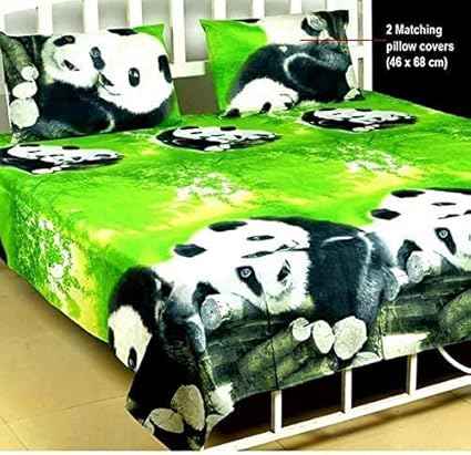 Micky Handloom 110 TC Green Panda 100% Cotton Double Bed Sheet with 2 Pillow Covers- 3D