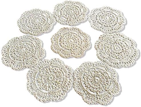Beige 4 Inch 100% HANDMADE Crochet Lace Placemats Coasters Pack Set 8PCS