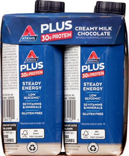 ATKINS, PLUS PROTEIN & FIBER HIGH PROTEIN SHAKE, CREAMY MILK CHOCOLATE, 4 – 11 OUNCE BOTTLES( 44 FL OUNCES )