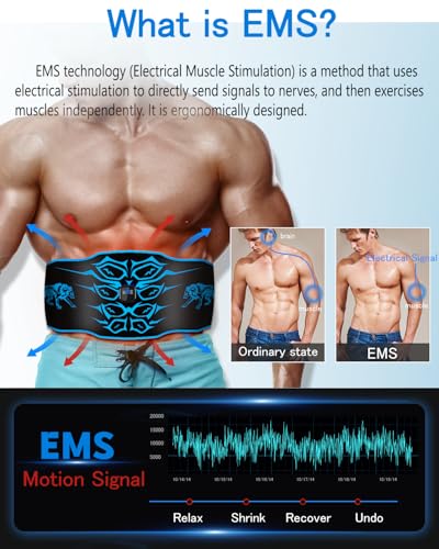 Abs Trainer Muscle Stimulator, Washable & Skin-Friendly Ab Toning Belt with 14 Pads, 8 Modes 30 Levels, USB Rechargeable, Portable Fitness EMS Muscle Stimulator for Men & Women, Home Office