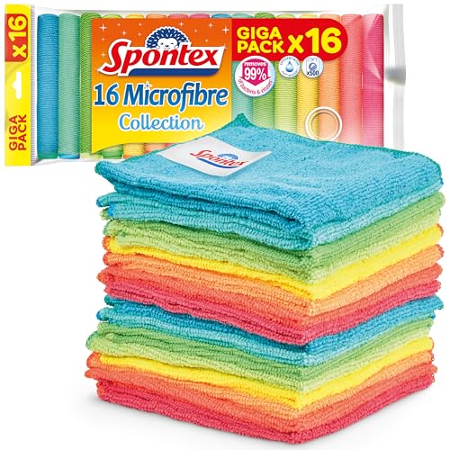 SPONTEX Panni in microfibra per la pulizia | 16 panni per pulizia in microfibra | Da utilizzare come panni per la polvere o per la cucina | 30 x 30cm | Colori assortiti | 16 pz.