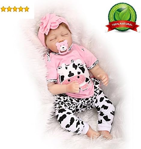 Reborn Baby Doll Girl Realistic Sleeping Silicone Vinyl 22" Weighted Body Real Life Pink with Cow Pattern Cute Doll Gift Set for Ages 3+
