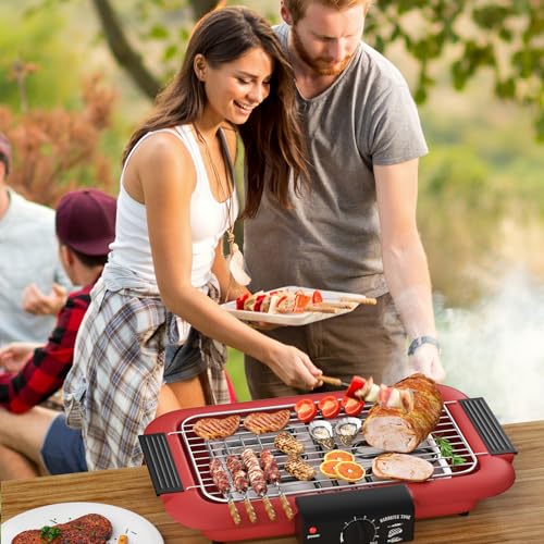 Electric BBQ Grill Non-stick Smokeless Indoor/Outdoor BBQ Grill Portable Removable High Power Double Tube 2000W BBQ Party Grill (Red D)