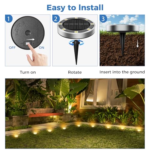 Peasur Pack of 12 Solar Ground Light, 8 LED, Waterproof Outdoor Solar Spotlight for Paths, Paths, Lawns, Patios, Yards, Swimming Pools, Warm White