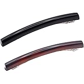 Parcelona French Long Narrow Large Celluloid Set of 2 Acetate No Slip Automatic Hair Clips Strong Hold Hair Barrette for Women and Girls, Made in France (Tortoise Shell-Black)