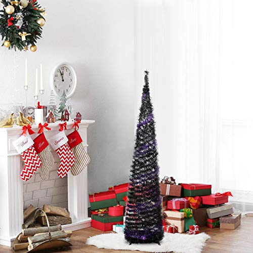 N&T NIETING 5ft Tinsel Halloween Christmas Tree, Slim Collapsible Pop Up Purple&Black Tinsel Tree for Halloween Decorations, Party Supplies, Holiday, Xmas Decor, Home Display, Office, Fireplace Indoor
