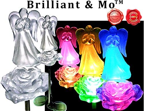 Brilliant & Mo Stunning 2 Solar Rose Lights with 2 Solar Angel Lights Garden Stakes For Home Patio Deck Lawn Yard Decor
