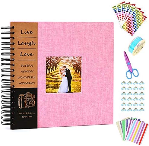 Anleymu Scrapbook Linen Cover, Photo Album with Photo Opening, High-end Guest Book for Valentines Day, Wedding, DIY Anniversary Travel Memory Scrapbooking with Scrapbook Accessories (Pink, 12x12 inch)