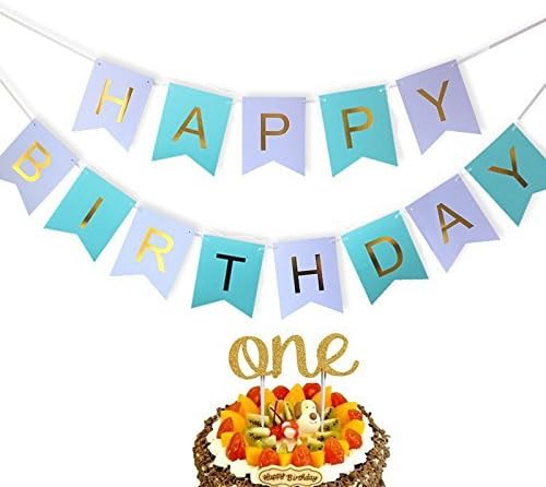 Sea Themed Happy Birthday Wall Banner with 1st Birthday ONE Cake Topper for Baby Girl Boy First Birthday Party Decoration