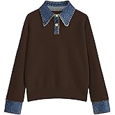 BQDCQB Womens Fall Oversized Long Sleeve Sweaters 2 in 1 Denim Panel Lapel Sweater Polo Knit Sweater Tops