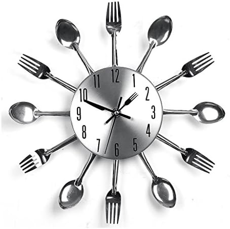 Nclon Kitchen Wall clock,3d Round Creative Cutlery Spoon Fork Mirror Wall Decal Wall sticker Wall clock Restaurant-silvery 32cm