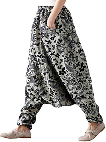 SUGIRLS Women's Floral Print Elastic Waist Casual Drop Crotch Pants Gray
