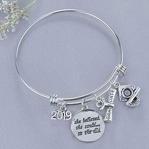 Yaoyodd19 2019 Graduate Letter Carving Pendant Stainless Steel Women Bracelet Bangle Gift - Silver Bracelets for Women Men