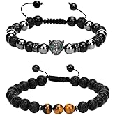 Crystery Hematite Bracelet for Men, Ideas gift for men unique, Black Series Design Natural Stone Beaded Bracelets, Mens Bracelet Set 8MM, Best Birthday/Christmas Gifts for men accessories, Emo Beads bracelet, Tiger Eye Stone Lava Rock Black Obsidian Link Bracelet
