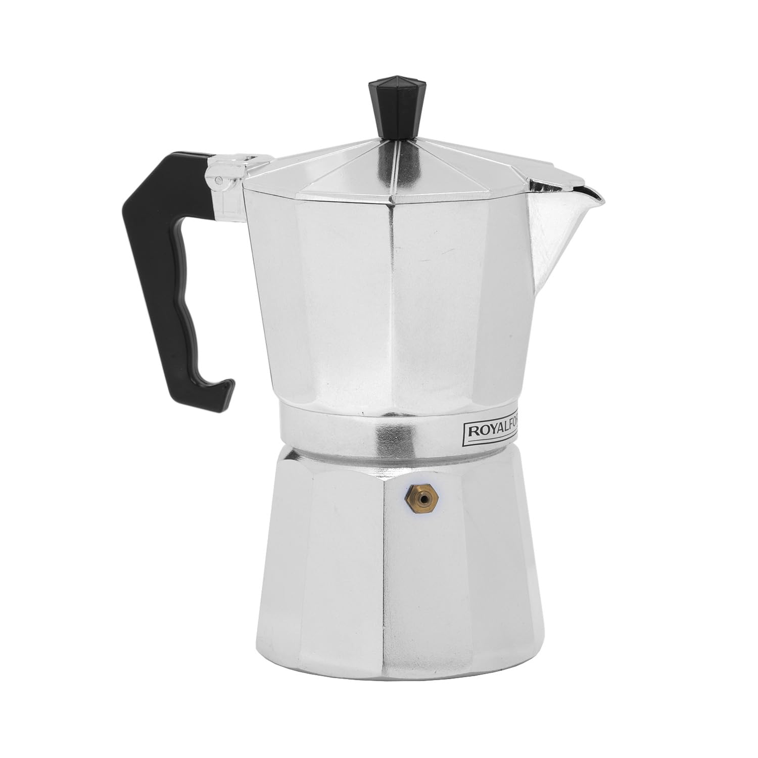 Royalford Moka Express Stovetop Coffee Maker | Aluminium Italian Coffee Maker Pot | Cafeteria Percolator for Ground Coffee Latte Mocha Cappuccino Macchiato | Gasket & Filter Included, 150ML, 3 Cups