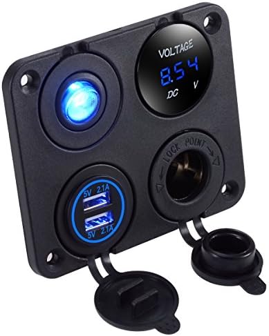 LiDiVi Dual USB Socket Charger 2.1A &amp; 2.1A + LED Voltmeter + 12V Power Outlet+ ON-OFF Toggle Switch, Four Function Panel for Car Boat Marine RV Truck Camper Vehicle (Blue)