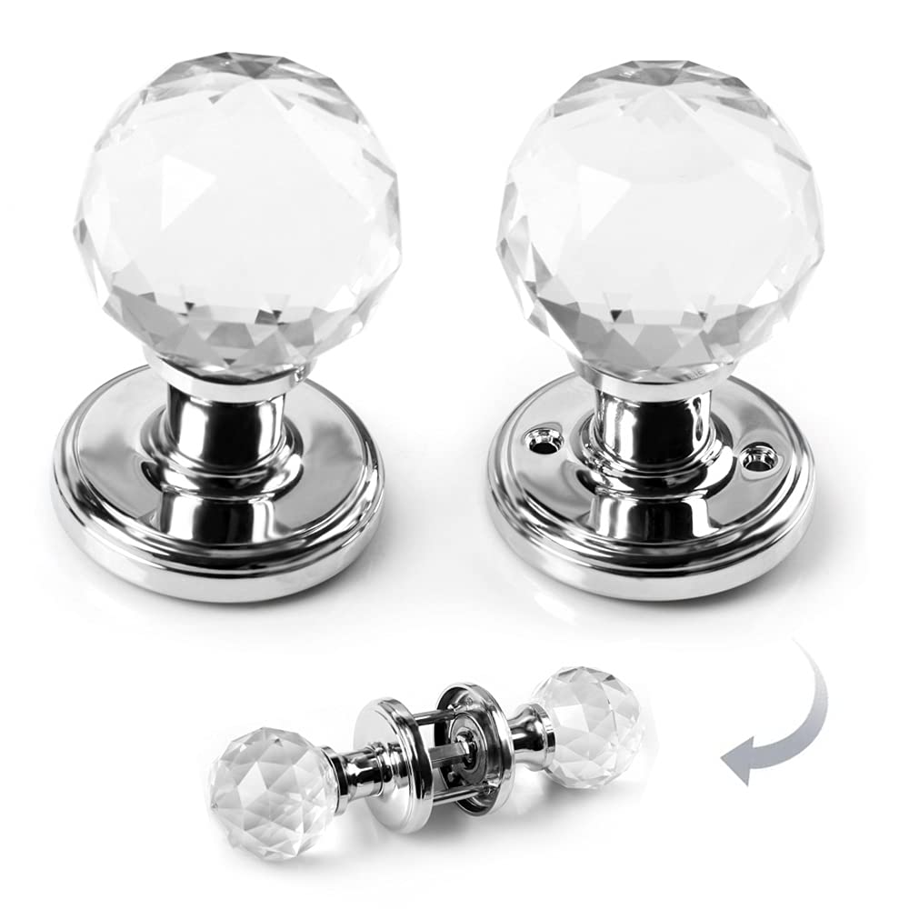 RAINZIN Crystal Door Handle 65mm Round Clear Glass Door Knobs Extra Large Kitchen Door Handle Interior Bedroom Pull Handle with Screw Set, Home Improvemaent Accessories, One Pair