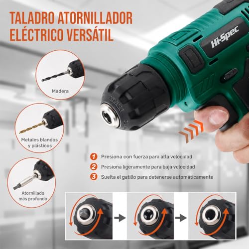 Hi-Spec Cordless Drill Driver 8V USB Rechargeable with Household Tool Set Compact Case with Drill Bits Hammer Tips Pliers Accessories DIY Furniture Assembly Green