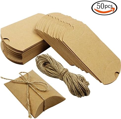 TAIKA 50 Pieces Cute Christmas Pillows Kraft Paper Gift box Wedding Party Favor Gift Candy Tray + 50 Pieces Jute Twines