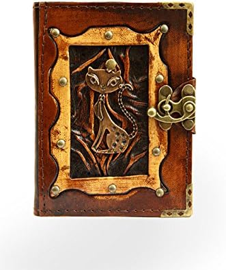 Handmade Genuine Sheep Leather Refillable Journal Diary Notebook Notepad Sketchbook Sketchpad Book Case Cover Vintage Paper Plain Women Men Children Office Product Gift - Cat