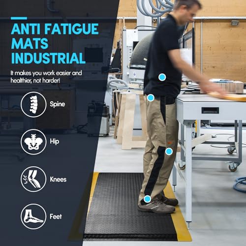 GOOFCXO 3ft x 5ft Anti Fatigue Mat, 15/16" Thick Industrial Grade Anti-Fatigue Floor Mat, Heavy Duty Diamond Plate Ergonomic Standing Mat for Kitchen Office Gym, Black with Yellow Border