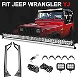 Racbox 288W 50 Inch Off road Straight LED Light Bar + 2 x 4” LED Pods Light + Upper Windshield Mount Brackets with Wiring Harness Kit for Jeep Wrangler YJ 1987-1995