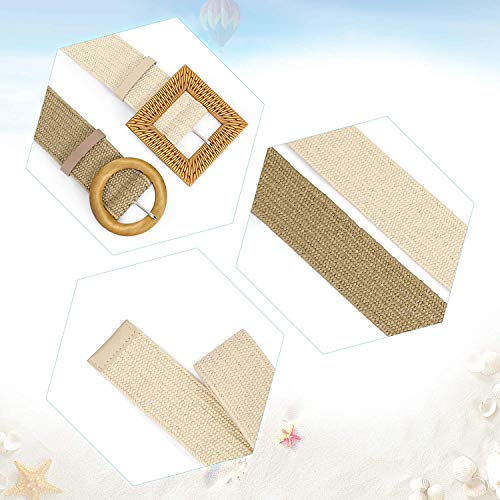 Set of 4 Straw Woven Elastic Stretch Waist Belts for Women, Fashion Boho Ladies Braided Rattan Dress Belt