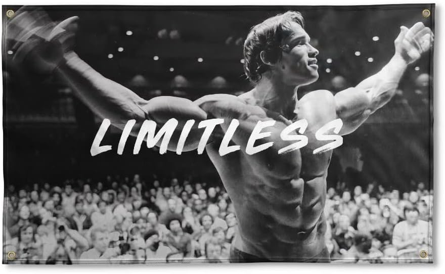 Tapestries - Arnold Schwarzenegger Poster | 3x5 Flag | Gym Motivation Fitness Poster | Durable Cool Tapestry | Man Cave Wall Decor with Metal Grommets for College Dorm Room | Decoration Bedroom Outdoor Parties Gift | Indoor Ceiling Garden Garage Home House | Limitless