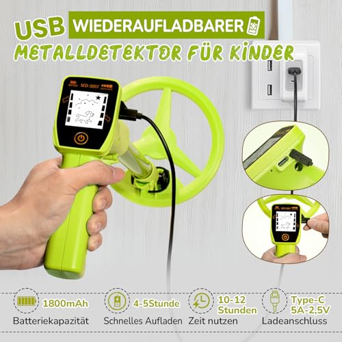 Metal Detector Children, Smofrees via USB Rechargeable Small Children's Metal Detector, Adjustable 60-86 cm Portable Metal Detector with Fun LCD Display for Outdoor Exploration, Light Green