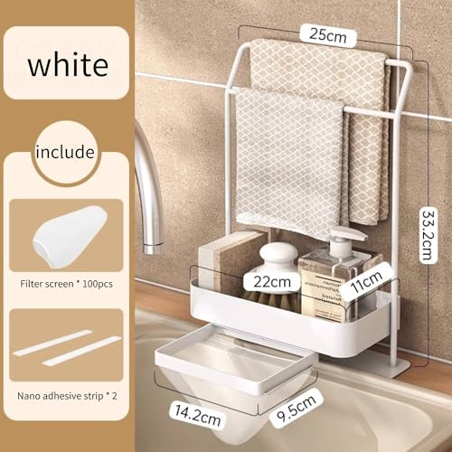 OEOEKHDJ MULTIFUNCTIONAL SPONGE HOLDER WITH STRAINER BASKET FOR KITCHEN SINK, KITCHEN TOWEL RACK SINK FILTER NET ORGANIZER FOR SPONGE BRUSH SOAP DISHCLOTH CLOTH RACK WITH 100 SINK STRAINER (WHITE)