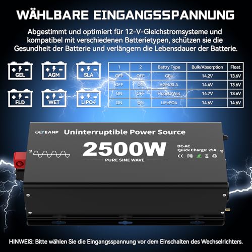 OLTEANP 2500W Pure Sine Wave Inverter with UPS Function and Network Priority Voltage Converter 12 V to 230 V LCD Screen Remote Control for Home Automation and Office Sump Pump