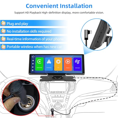 Podofo 10.26 Inch Portable Car Stereo with A-pple Carplay Android Auto Wireless, Touch Screen 7-32V, Voice Assistant Rear Camera/Bluetooth/FM Transmitter/AUX/TF Card