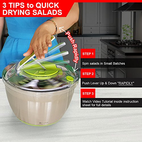 Large Stainless Steel Salads Spinner Lettuce Dryer with FREE Tongs