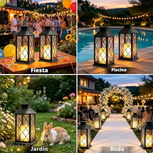 Joycome Solar Lanterns Outdoor 2 Pieces Solar Lamp Outdoor Garden with Flashing Candle, Waterproof Terrace Decoration, Solar Lantern for Garden, Table, Terrace, Fence, Tomb and Gifts – Black