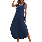 Zilcremo Women's Summer Casual Loose Sundress Long Dress Sleeveless V Neck Split Tshirt Maxi Dresses