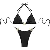 Falainetee Women's Metal Jewelry Bathing Suit High Waisted Halter Tie Back Swimsuit Bikini Set