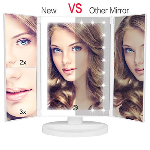 36 LED Nature Daylight Lighted Makeup Mirror,Tri-Fold Lighted Vanity Makeup Mirror with 3X/2X Magnification and Touch Screen Dimming Makeup Mirror, 180 Degree free Rotation, Countertop Cosmetic Mirror