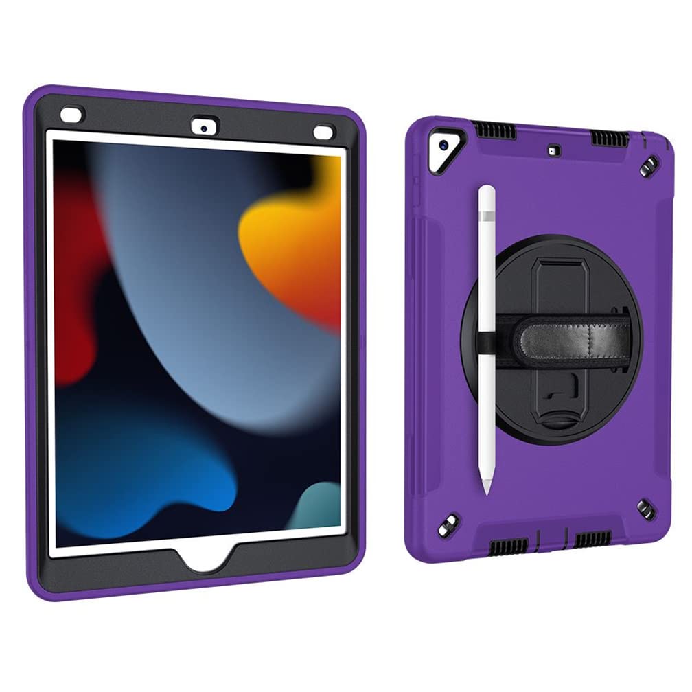 Case for iPad 10.2 Inch 9th/8th/7th gen 2021/2020/2019 with 3-in-1 design, Minimalist shockproof case with pen hanging and 360 degree rotatable stand wrist strap, Purple