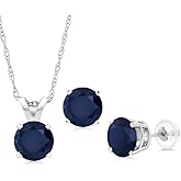 Gem Stone King 14K White Gold Blue Sapphire Pendant Earrings Jewelry Set For Women | 1.80 Cttw | Gemstone September Birthstone | Round 5MM | With 18 Inch Chain