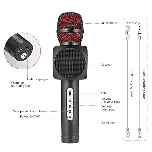 Wireless Bluetooth Karaoke Microphone, Fede 3-in-1 Portable Karaoke System with Two Built-in Speakers for Home KTV, Outdoor and Birthday Party. Work with Apple iPhone Android Smartphone or PC Black