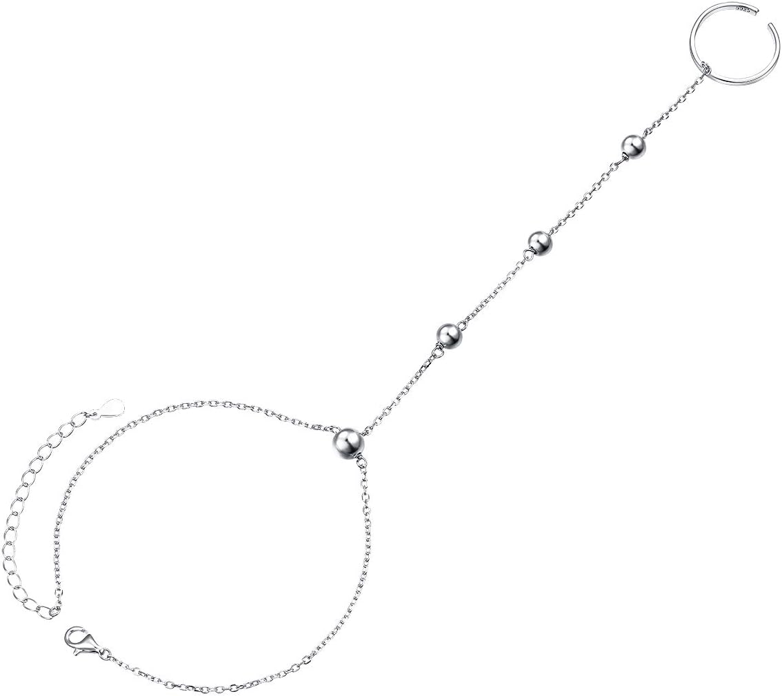 ALPHM S925 Sterling Silver Finger Ring Bracelet Hand Harness Adjustable Chain Set for Women Girl