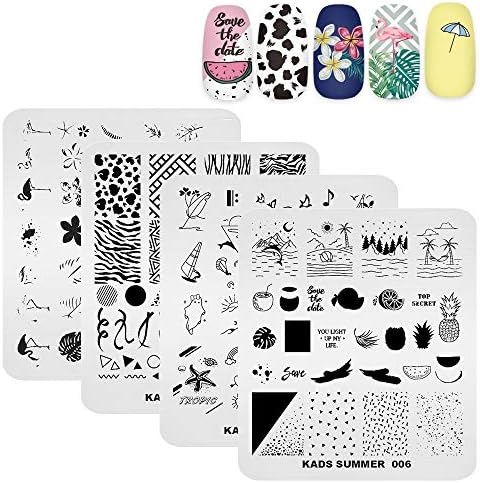 Kads スタンプネイルプレート 4枚セット 緑葉 幾何図案 ビーチ 夏の日 ネイルステンシル